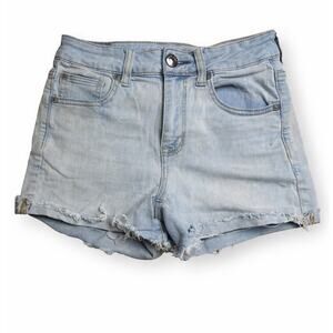 American Eagle Light Wash High Rise Shortie Denim Shorts Distressed Raw Hem 4